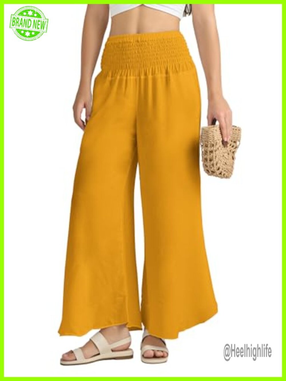 Boho Flared Palazzo Pants High Rise Pull On Wide Leg Smocked Waist Pockets